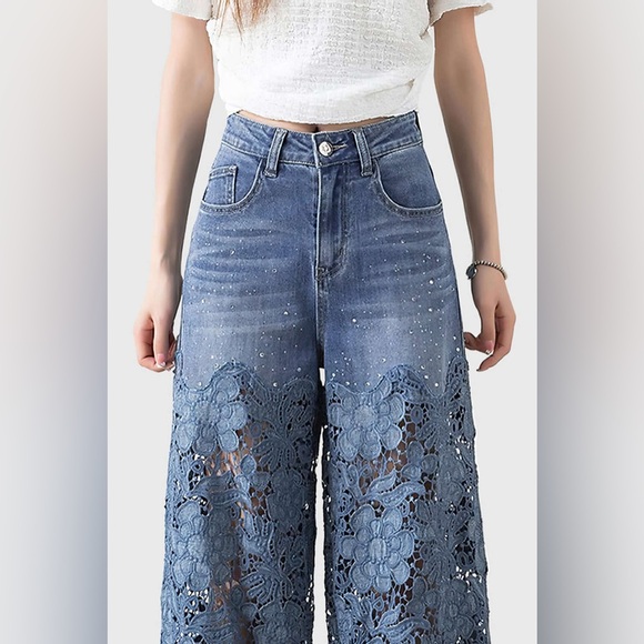 Women's Blue Lace Flare Jeans XS mc3 - Picture 5 of 9